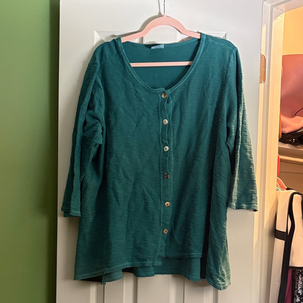 Women's Teal Button-Front Knit Shirt - Relaxed 3/4 Sleeve